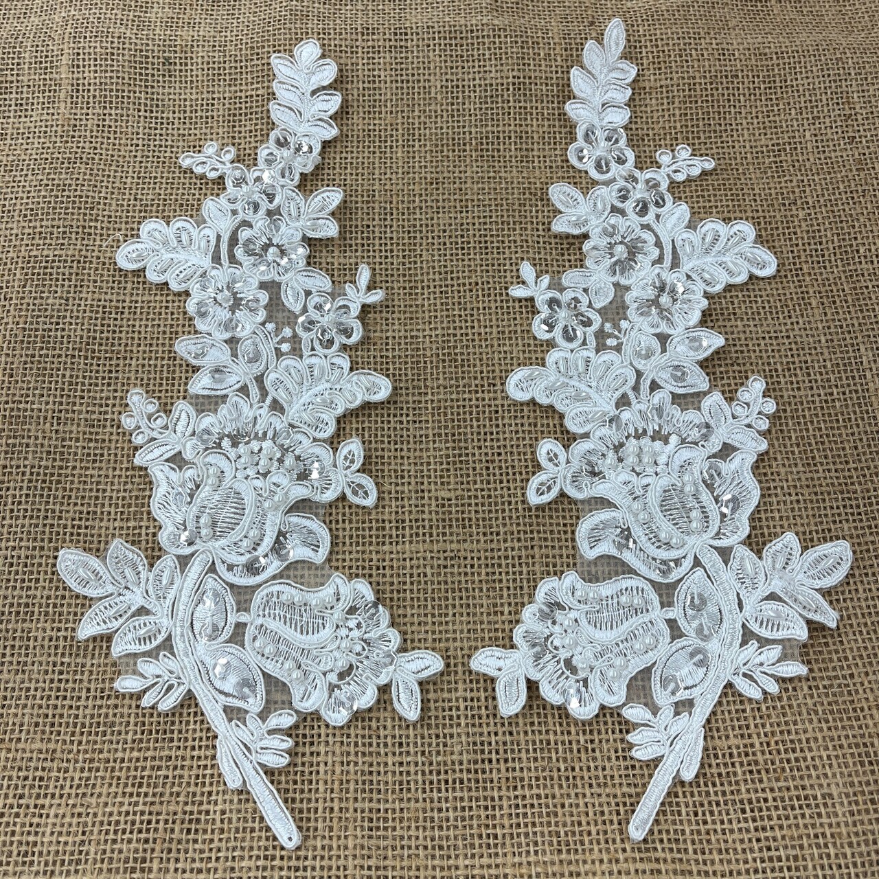 1 Pair Beaded & Corded Floral Lace Applique 100% Polyester Net Mesh 12" X 3.5" Each Side